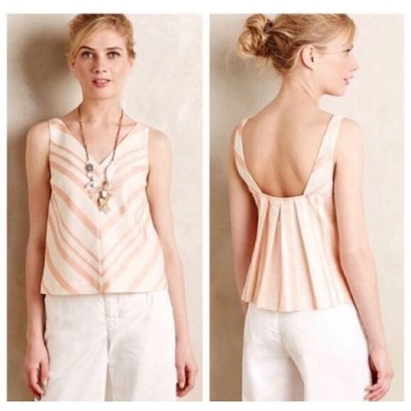 HD in Paris size 2 Anthropologie peach chevron linen lined top - Picture 2 of 7